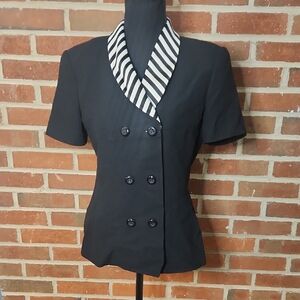 Kasper Black Double-Breasted Blazer with Striped Collar, Size 4